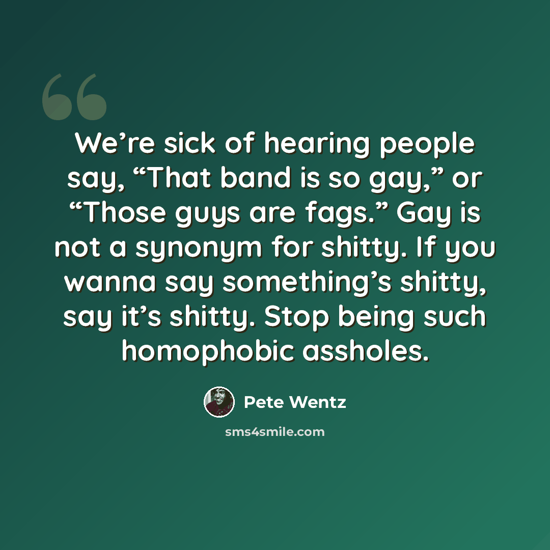 “We’re sick of hearing people say, “That band is so gay,” or “Those guys are fags.” Gay is not a synonym for shitty. If you wanna say something’s shitty, say it’s shitty. Stop being such homophobic assholes.” quote by Pete Wentz