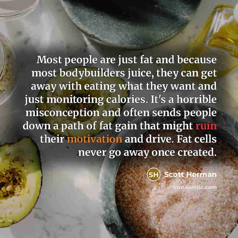 “Most people are just fat and because most bodybuilders juice, they can get away with eating what they want and just monitoring calories. It's a horrible misconception and often sends people down a path of fat gain that might ruin their motivation and drive. Fat cells never go away once created.” quote by Scott Herman