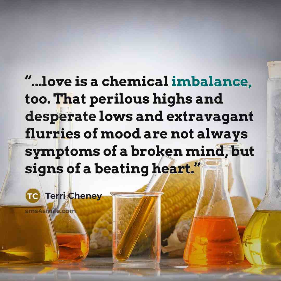 “...love is a chemical imbalance, too. That perilous highs and desperate lows and extravagant flurries of mood are not always symptoms of a broken mind, but signs of a beating heart.” quote by Terri Cheney