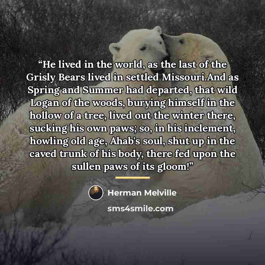 “He lived in the world, as the last of the Grisly Bears lived in settled Missouri.And as Spring and Summer had departed, that wild Logan of the woods, burying himself in the hollow of a tree, lived out the winter there, sucking his own paws; so, in his inclement, howling old age, Ahab's soul, shut…” quote by Herman Melville