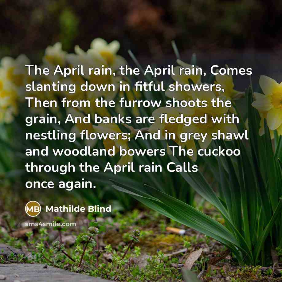 “The April rain, the April rain, Comes slanting down in fitful showers, Then from the furrow shoots the grain, And banks are fledged with nestling flowers; And in grey shawl and woodland bowers The cuckoo through the April rain Calls once again.” quote by Mathilde Blind