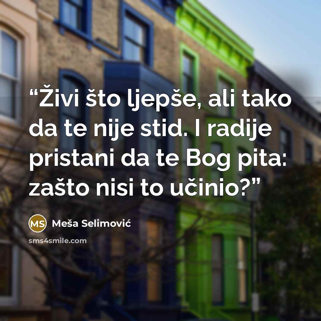 “Živi što ljepše, ali tako da te nije stid. I radije pristani da te Bog pita: zašto nisi to učinio?” quote by Meša Selimović