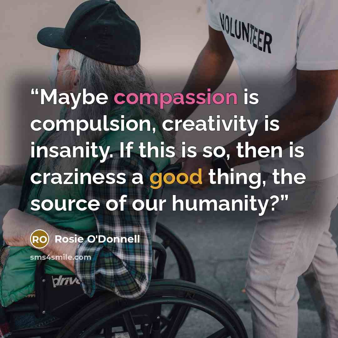 “Maybe compassion is compulsion, creativity is insanity. If this is so, then is craziness a good thing, the source of our humanity?” quote by Rosie O'Donnell