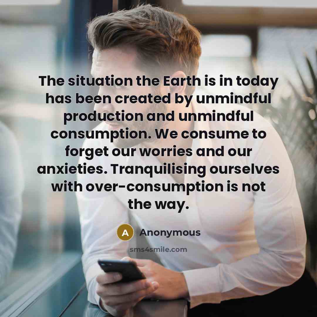 “The situation the Earth is in today has been created by unmindful production and unmindful consumption. We consume to forget our worries and our anxieties. Tranquilising ourselves with over-consumption is not the way.” quote by Anonymous