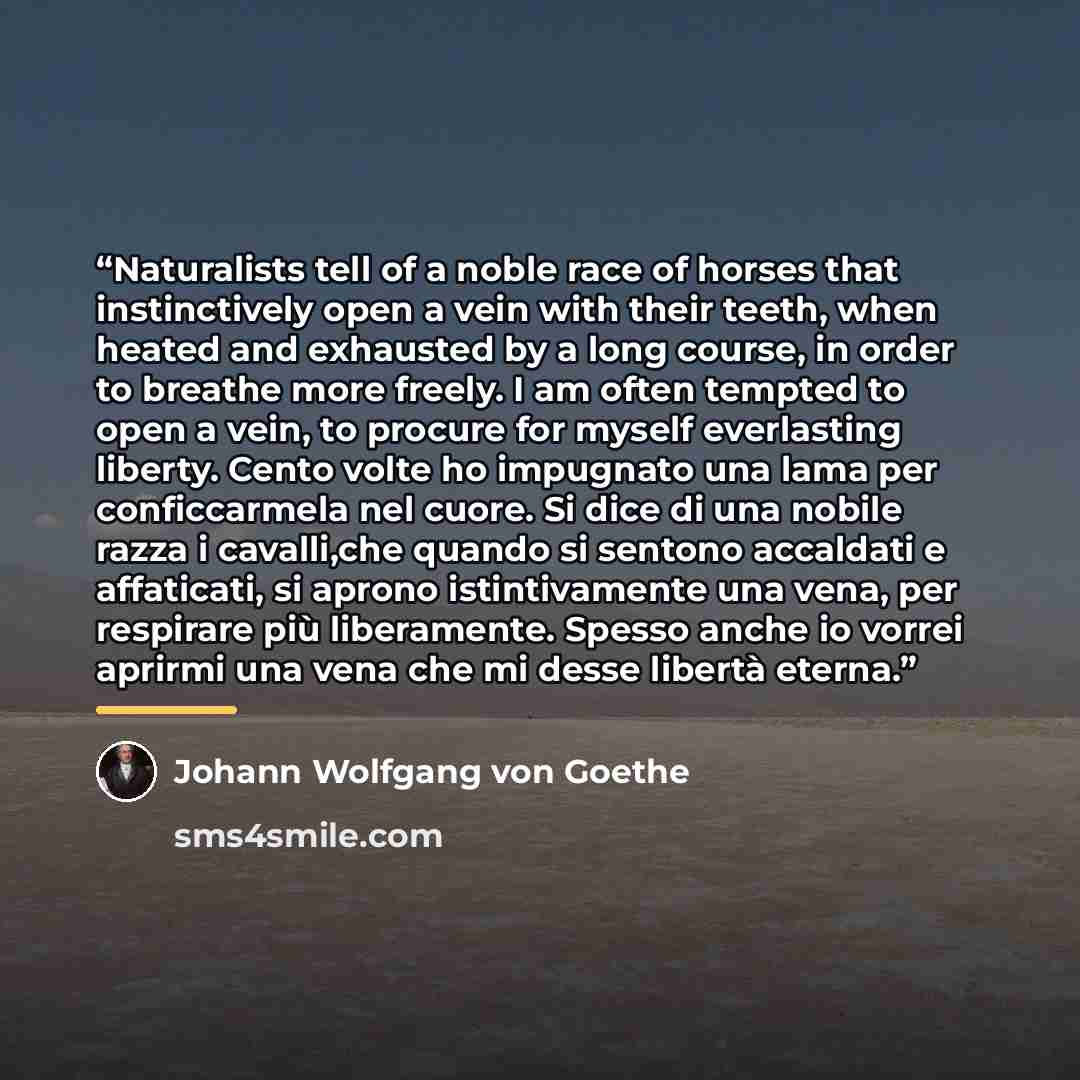 “Naturalists tell of a noble race of horses that instinctively open a vein with their teeth, when heated and exhausted by a long course, in order to breathe more freely. I am often tempted to open a vein, to procure for myself everlasting liberty. Cento volte ho impugnato una lama per conficcarmela…” quote by Johann Wolfgang von Goethe