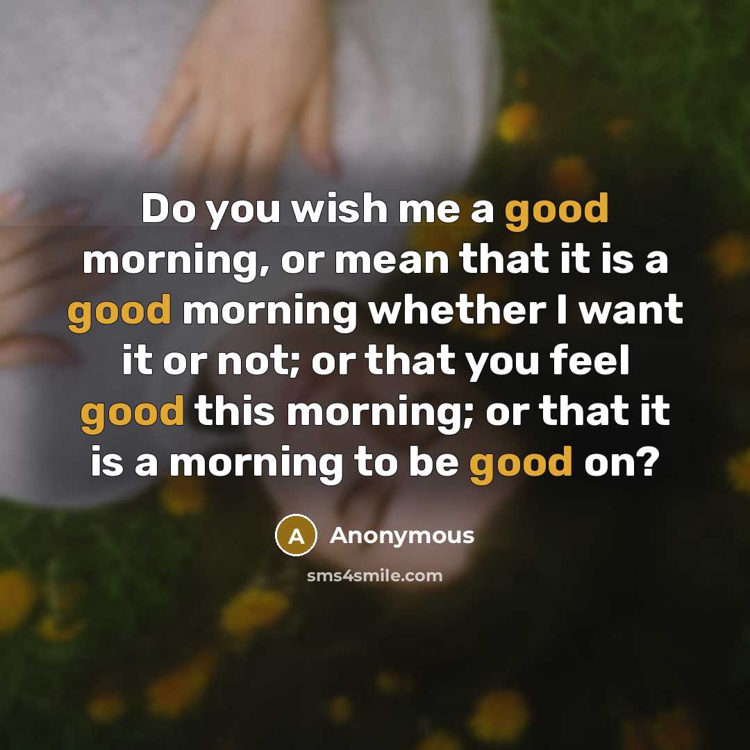 “Do you wish me a good morning, or mean that it is a good morning whether I want it or not; or that you feel good this morning; or that it is a morning to be good on?” quote by Anonymous