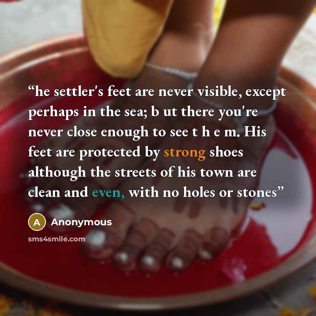“he settler's feet are never visible, except perhaps in the sea; b ut there you're never close enough to see t h e m. His feet are protected by strong shoes although the streets of his town are clean and even, with no holes or stones” quote by Anonymous