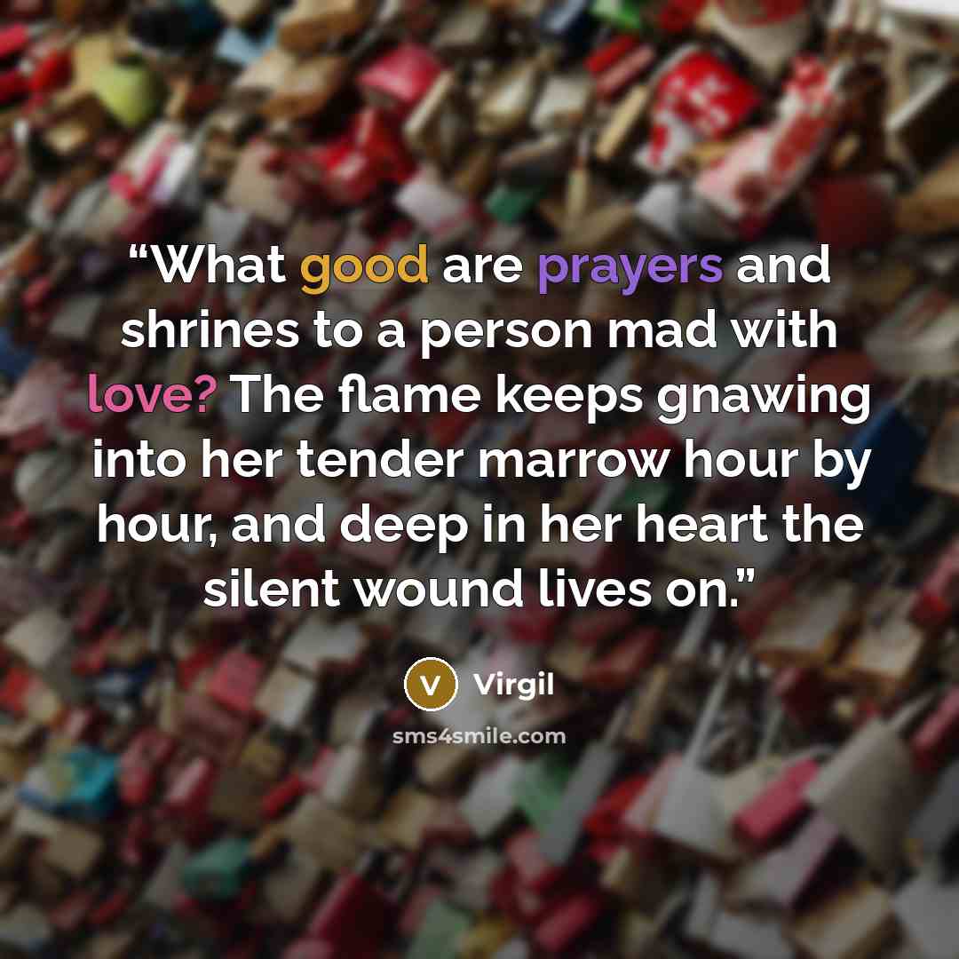 “What good are prayers and shrines to a person mad with love? The flame keeps gnawing into her tender marrow hour by hour, and deep in her heart the silent wound lives on.” quote by Virgil