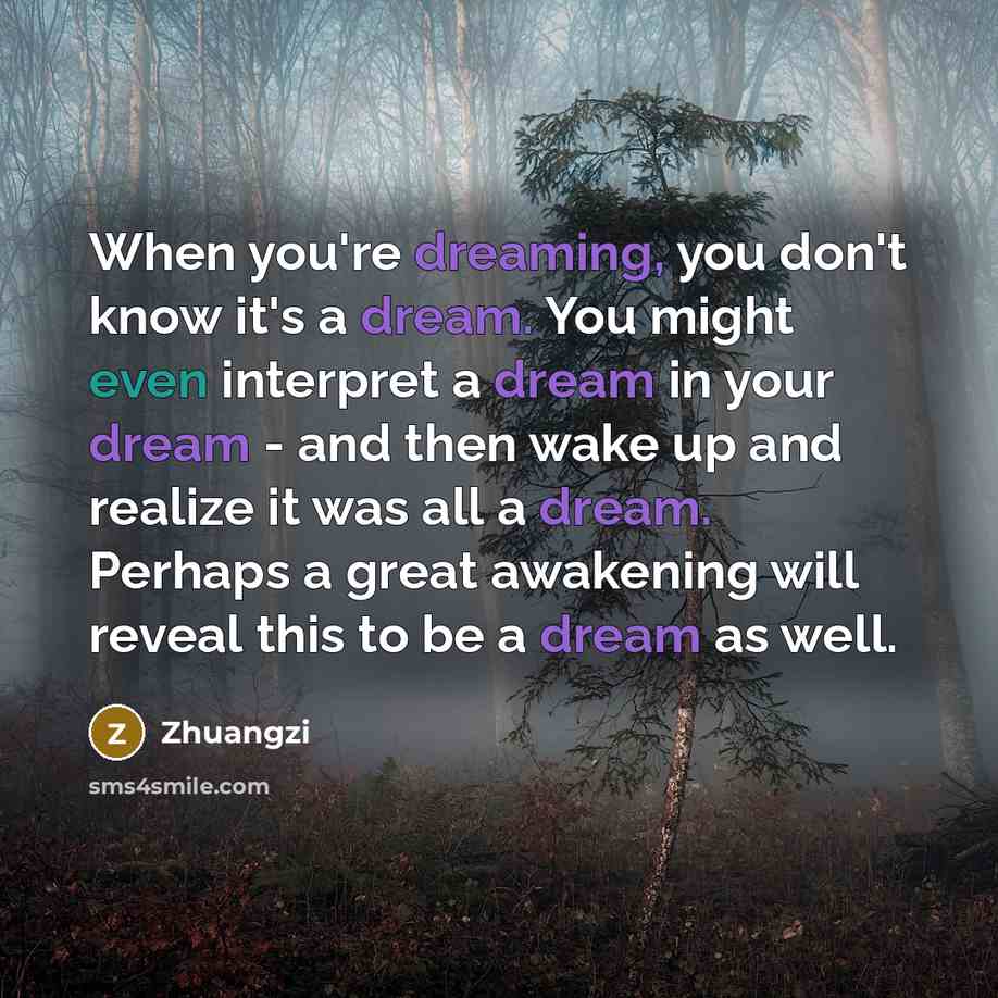 “When you're dreaming, you don't know it's a dream. You might even interpret a dream in your dream - and then wake up and realize it was all a dream. Perhaps a great awakening will reveal this to be a dream as well.” quote by Zhuangzi