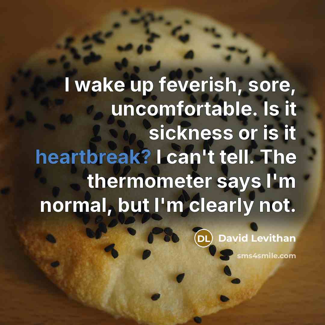 “I wake up feverish, sore, uncomfortable. Is it sickness or is it heartbreak? I can't tell. The thermometer says I'm normal, but I'm clearly not.” quote by David Levithan