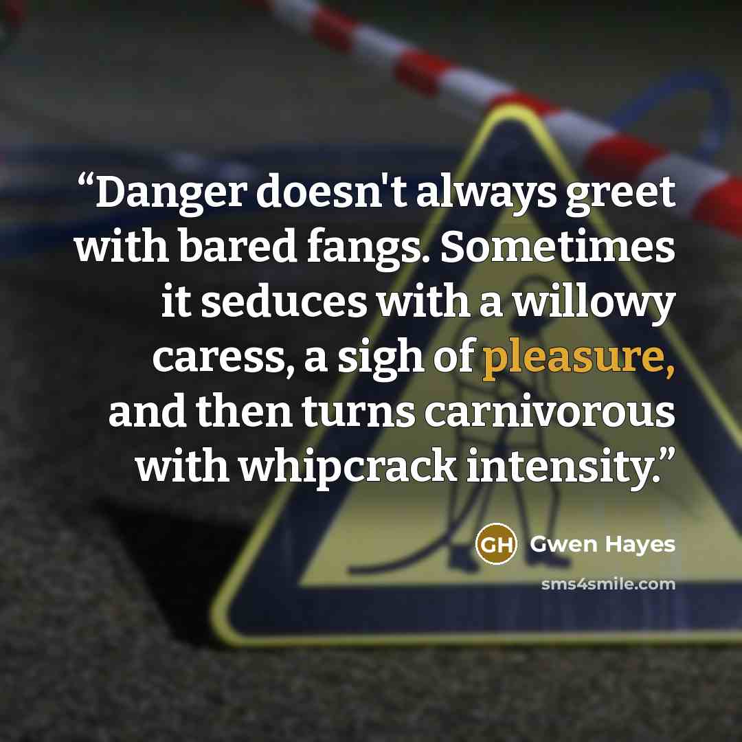 “Danger doesn't always greet with bared fangs. Sometimes it seduces with a willowy caress, a sigh of pleasure, and then turns carnivorous with whipcrack intensity.” quote by Gwen Hayes
