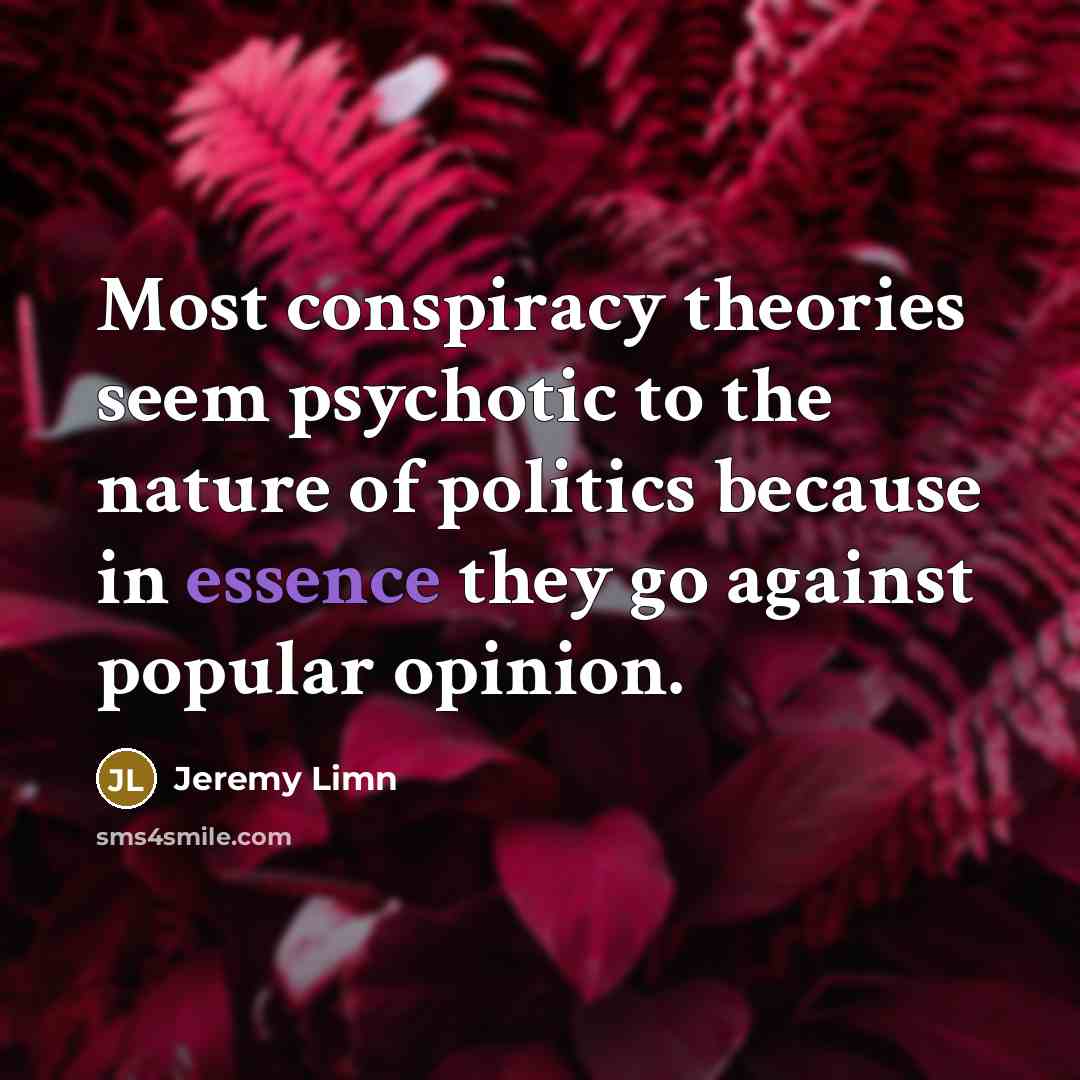 “Most conspiracy theories seem psychotic to the nature of politics because in essence they go against popular opinion.” quote by Jeremy Limn