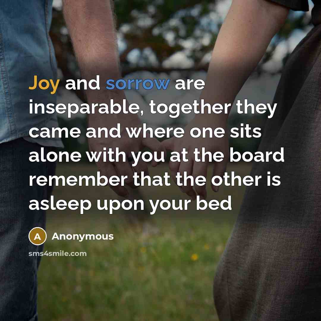 “Joy and sorrow are inseparable, together they came and where one sits alone with you at the board remember that the other is asleep upon your bed” quote by Anonymous