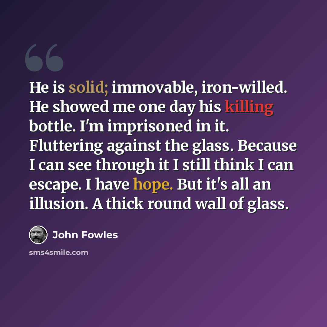 “He is solid; immovable, iron-willed. He showed me one day his killing bottle. I'm imprisoned in it. Fluttering against the glass. Because I can see through it I still think I can escape. I have hope. But it's all an illusion. A thick round wall of glass.” quote by John Fowles