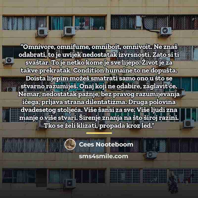 “Omnivore, omnifume, omniboit, omnivoit. Ne znaš odabrati, to je uvijek nedostatak izvrsnosti. Zato si ti svaštar. To je netko kome je sve lijepo. Život je za takve prekratak. Condition humaine to ne dopušta. Doista lijepim možeš smatrati samo ono u što se stvarno razumiješ. Onaj koji ne odabire…” quote by Cees Nooteboom