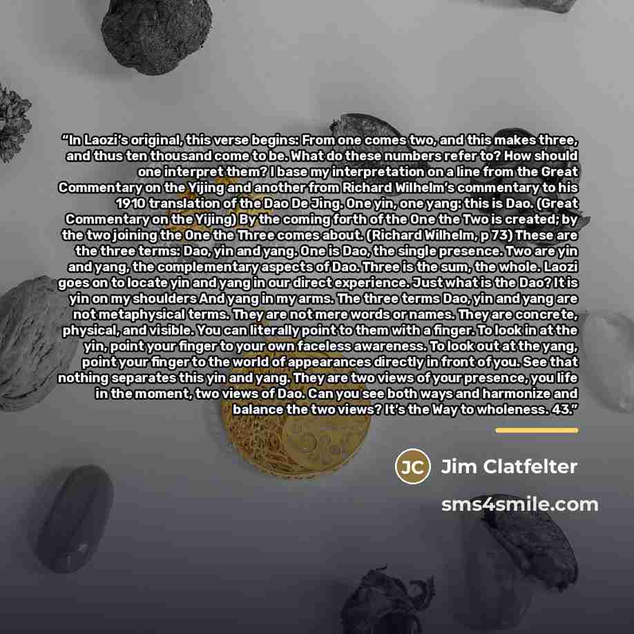 “In Laozi’s original, this verse begins: From one comes two, and this makes three, and thus ten thousand come to be. What do these numbers refer to? How should one interpret them? I base my interpretation on a line from the Great Commentary on the Yijing and another from Richard Wilhelm’s…” quote by Jim Clatfelter