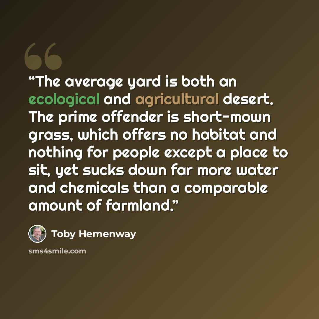 “The average yard is both an ecological and agricultural desert. The prime offender is short-mown grass, which offers no habitat and nothing for people except a place to sit, yet sucks down far more water and chemicals than a comparable amount of farmland.” quote by Toby Hemenway