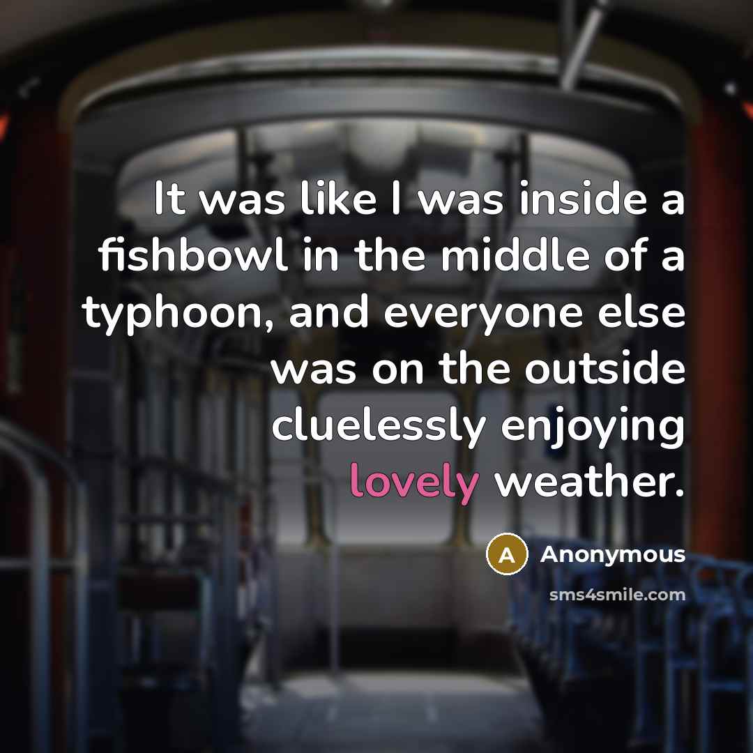 “It was like I was inside a fishbowl in the middle of a typhoon, and everyone else was on the outside cluelessly enjoying lovely weather.” quote by Anonymous