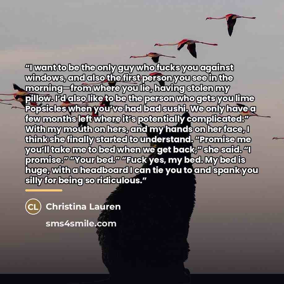 “I want to be the only guy who fucks you against windows, and also the first person you see in the morning—from where you lie, having stolen my pillow. I’d also like to be the person who gets you lime Popsicles when you’ve had bad sushi. We only have a few months left where it’s potentially…” quote by Christina Lauren