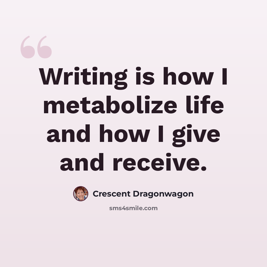 “Writing is how I metabolize life and how I give and receive.” quote by Crescent Dragonwagon