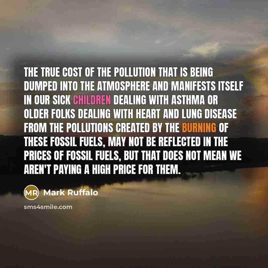 “The true cost of the pollution that is being dumped into the atmosphere and manifests itself in our sick children dealing with asthma or older folks dealing with heart and lung disease from the pollutions created by the burning of these fossil fuels, may not be reflected in the prices of fossil…” quote by Mark Ruffalo