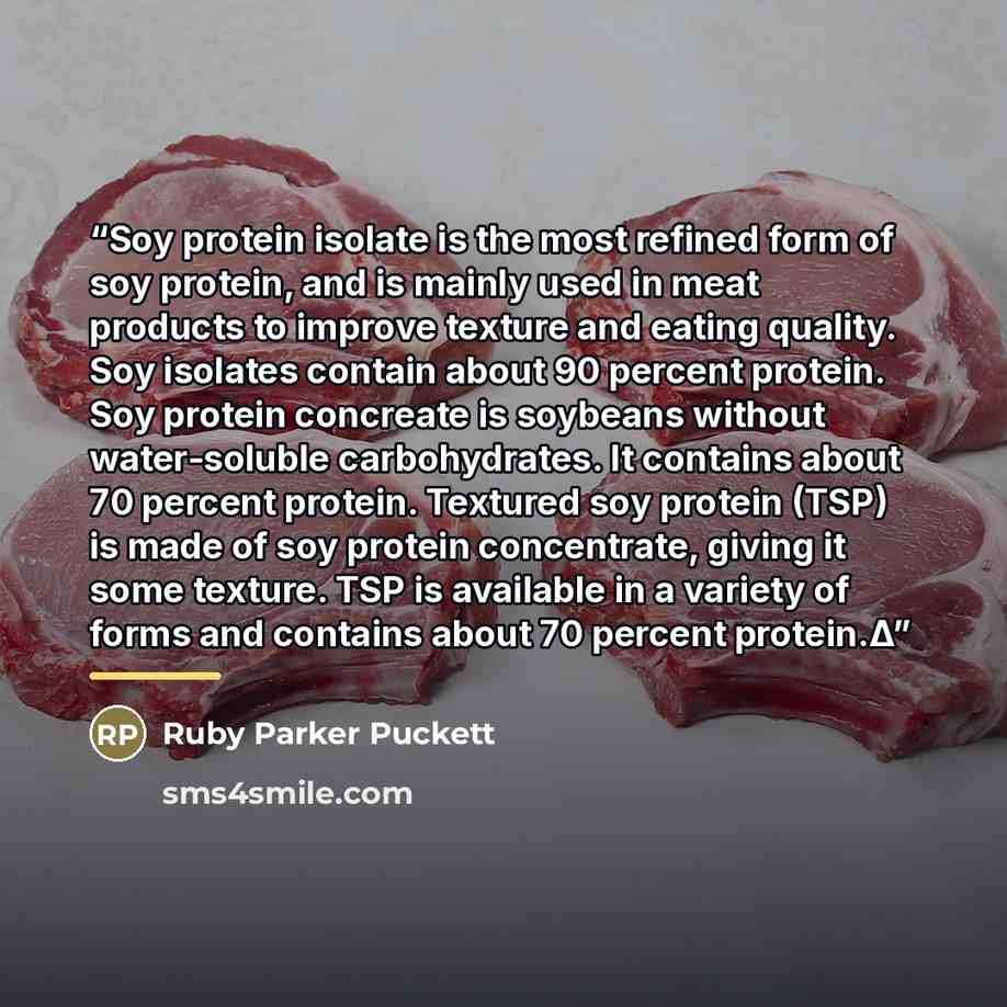 “Soy protein isolate is the most refined form of soy protein, and is mainly used in meat products to improve texture and eating quality. Soy isolates contain about 90 percent protein. Soy protein concreate is soybeans without water-soluble carbohydrates. It contains about 70 percent protein…” quote by Ruby Parker Puckett