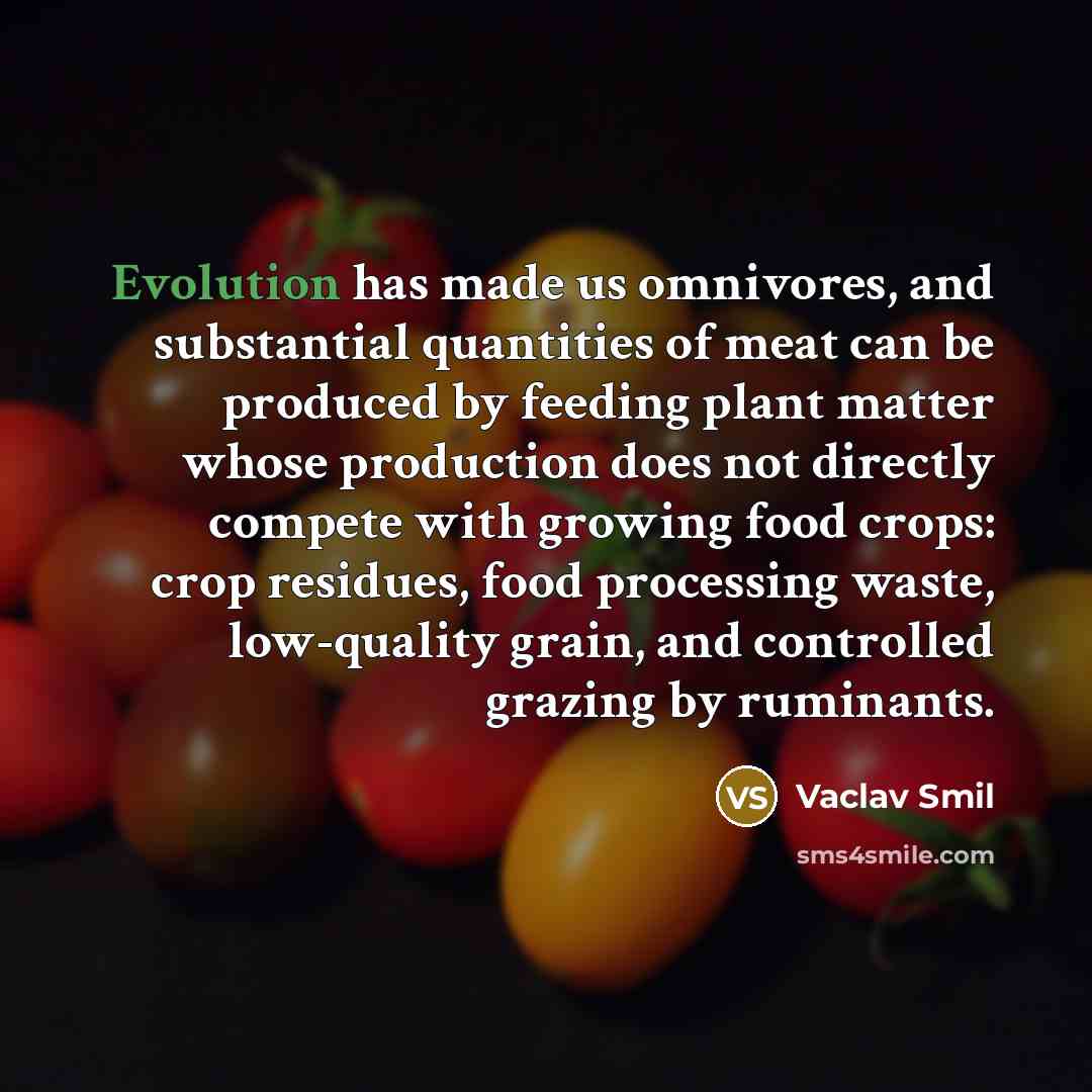 “Evolution has made us omnivores, and substantial quantities of meat can be produced by feeding plant matter whose production does not directly compete with growing food crops: crop residues, food processing waste, low-quality grain, and controlled grazing by ruminants.” quote by Vaclav Smil
