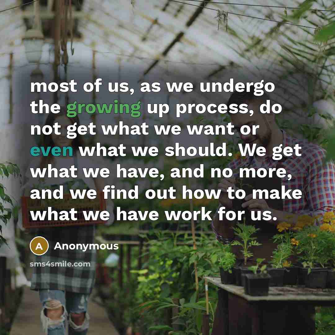 “most of us, as we undergo the growing up process, do not get what we want or even what we should. We get what we have, and no more, and we find out how to make what we have work for us.” quote by Anonymous