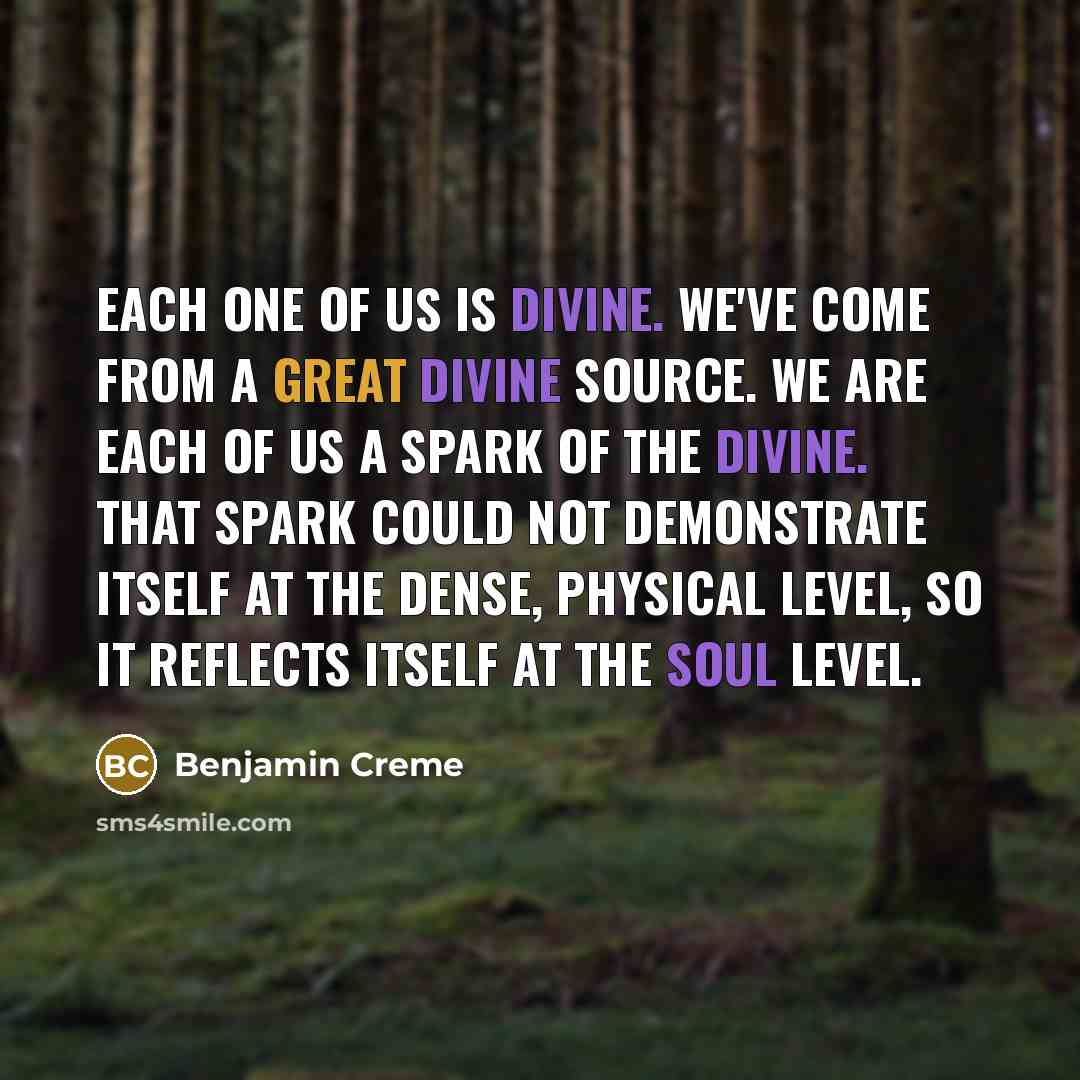 “Each one of us is Divine. We've come from a great Divine source. We are each of us a spark of the Divine. That spark could not demonstrate itself at the dense, physical level, so it reflects itself at the soul level.” quote by Benjamin Creme
