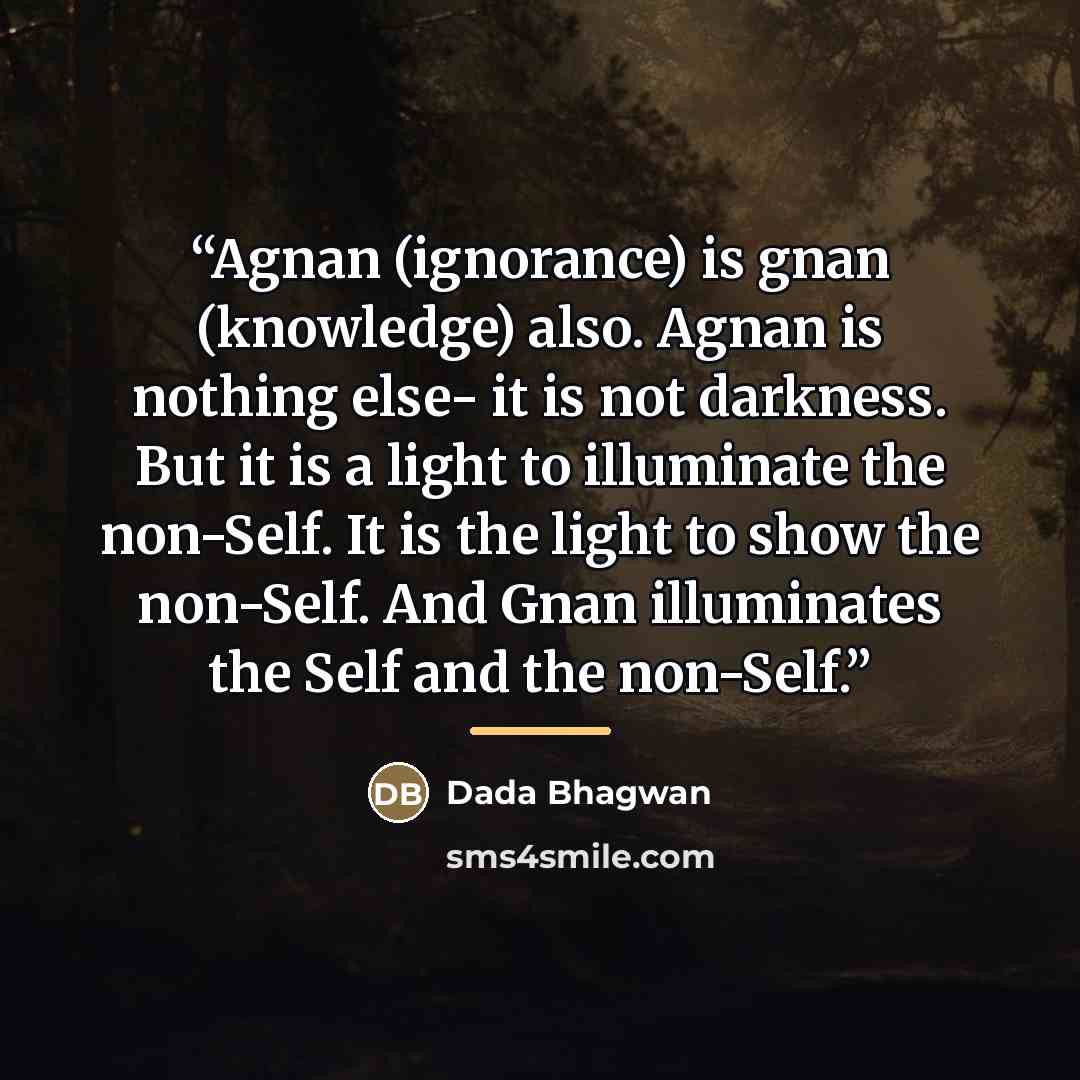 “Agnan (ignorance) is gnan (knowledge) also. Agnan is nothing else- it is not darkness. But it is a light to illuminate the non-Self. It is the light to show the non-Self. And Gnan illuminates the Self and the non-Self.” quote by Dada Bhagwan