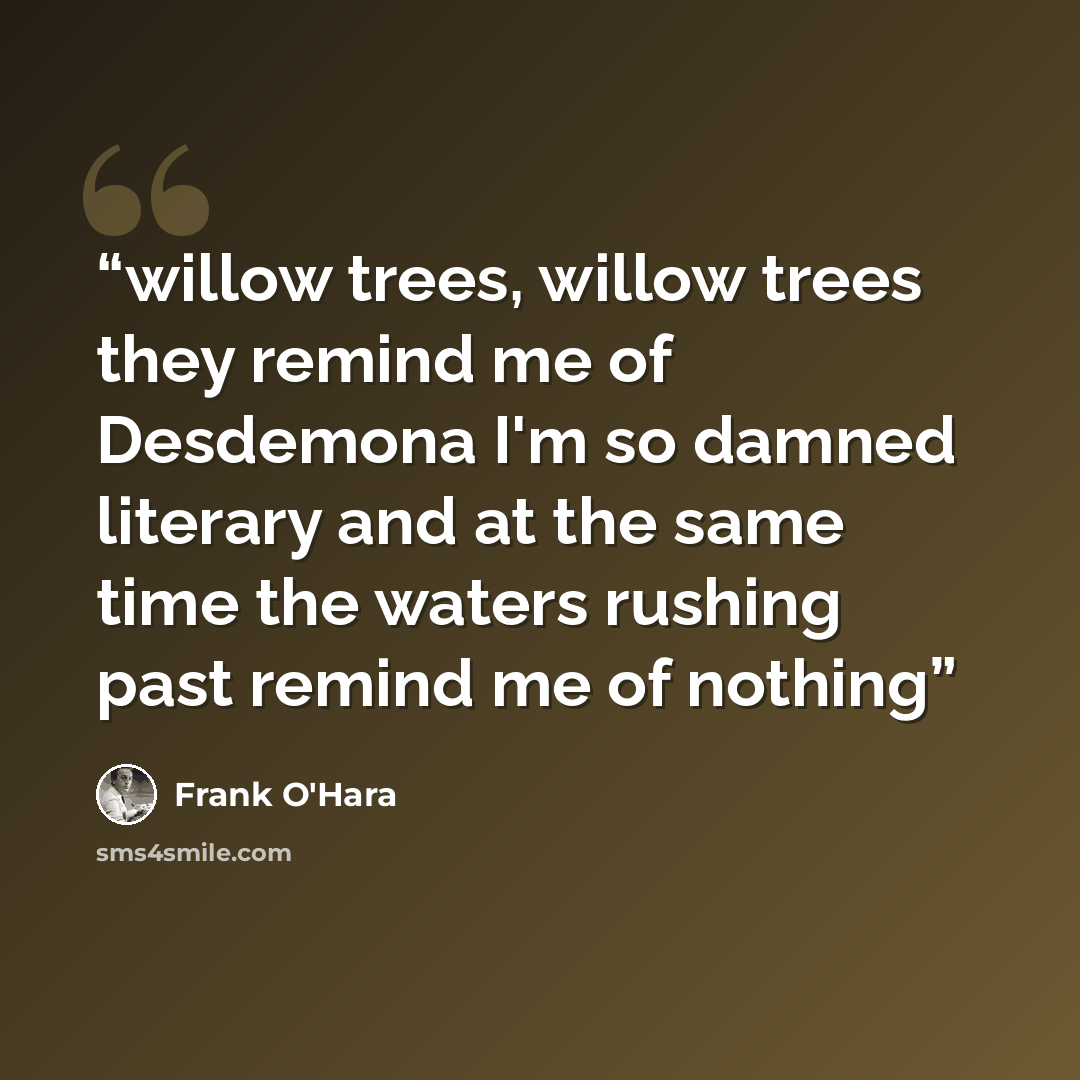 “willow trees, willow trees they remind me of Desdemona I'm so damned literary and at the same time the waters rushing past remind me of nothing” quote by Frank O'Hara