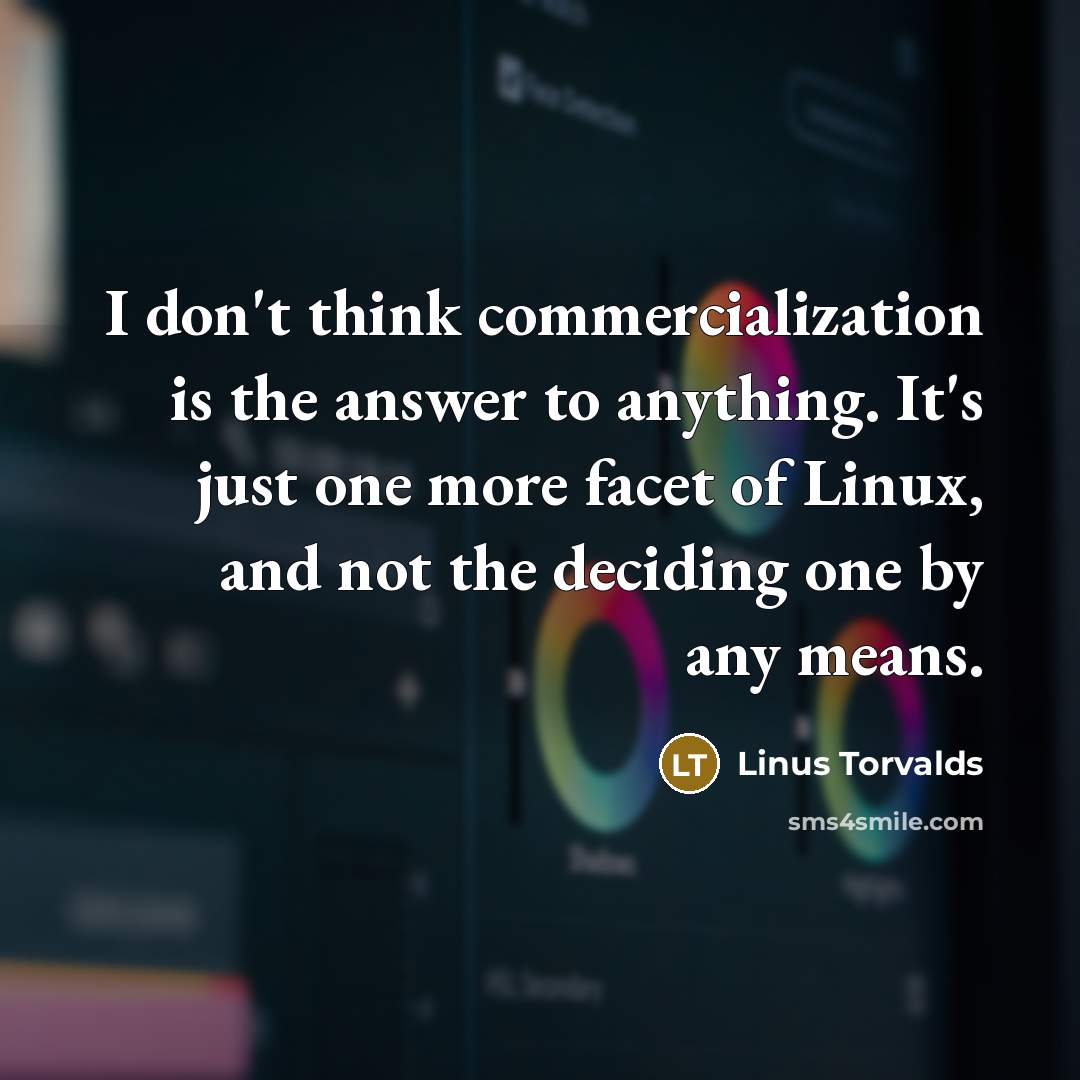 “I don't think commercialization is the answer to anything. It's just one more facet of Linux, and not the deciding one by any means.” quote by Linus Torvalds