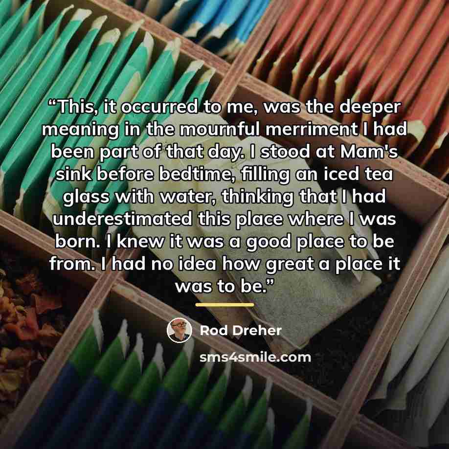 “This, it occurred to me, was the deeper meaning in the mournful merriment I had been part of that day. I stood at Mam's sink before bedtime, filling an iced tea glass with water, thinking that I had underestimated this place where I was born. I knew it was a good place to be from. I had no idea…” quote by Rod Dreher