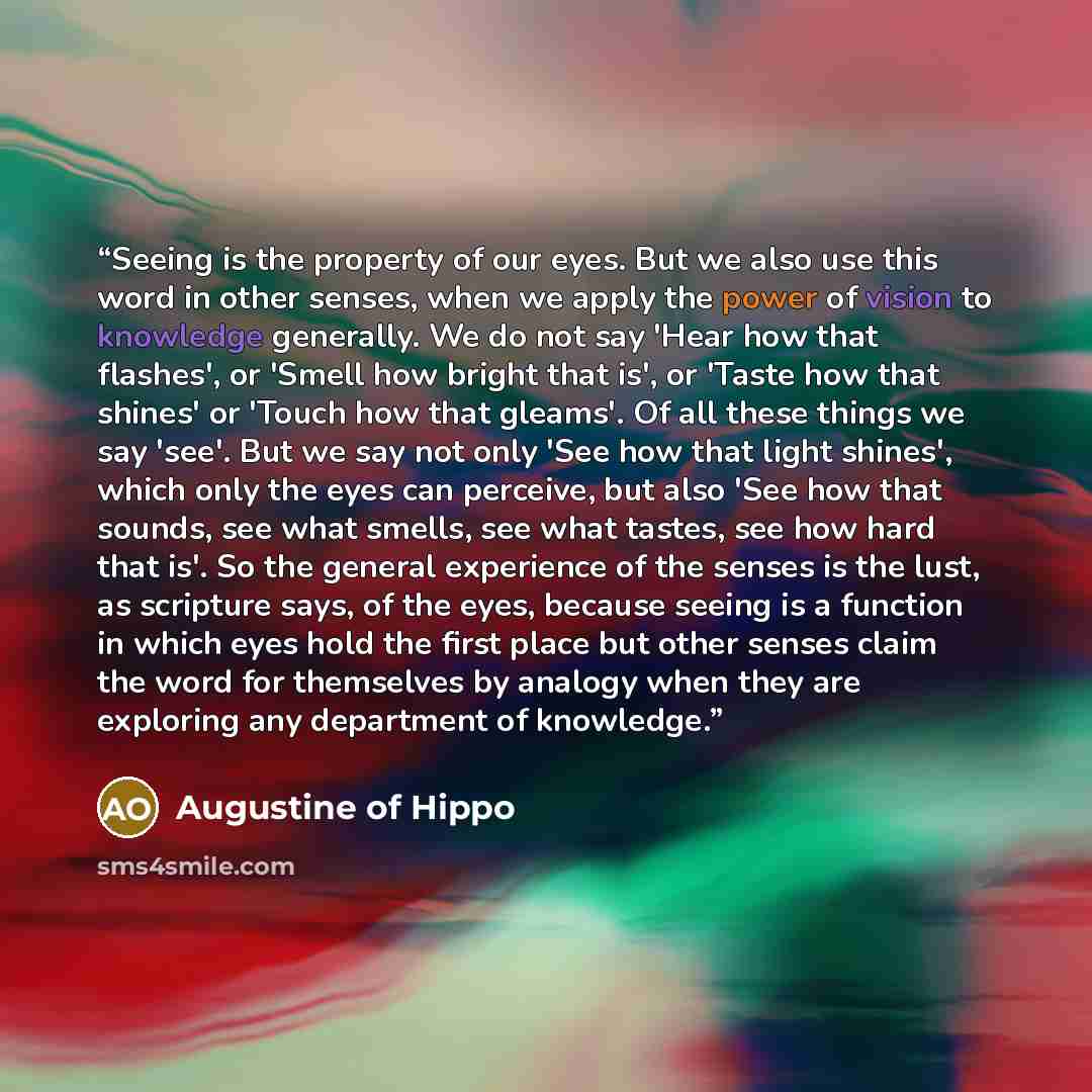 “Seeing is the property of our eyes. But we also use this word in other senses, when we apply the power of vision to knowledge generally. We do not say 'Hear how that flashes', or 'Smell how bright that is', or 'Taste how that shines' or 'Touch how that gleams'. Of all these things we say 'see'…” quote by Augustine of Hippo