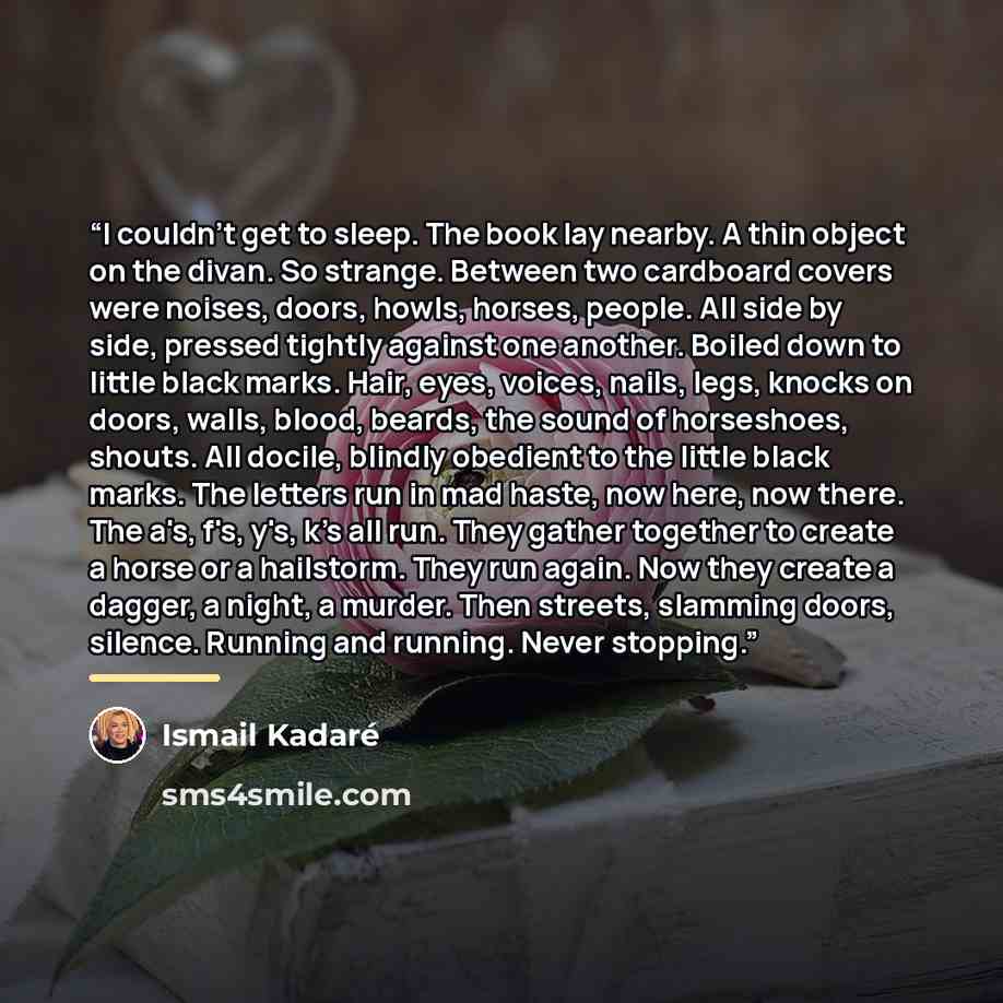 “I couldn't get to sleep. The book lay nearby. A thin object on the divan. So strange. Between two cardboard covers were noises, doors, howls, horses, people. All side by side, pressed tightly against one another. Boiled down to little black marks. Hair, eyes, voices, nails, legs, knocks on doors…” quote by Ismail Kadare