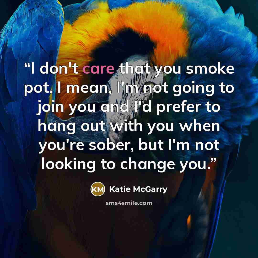 “I don't care that you smoke pot. I mean, I'm not going to join you and I'd prefer to hang out with you when you're sober, but I'm not looking to change you.” quote by Katie McGarry
