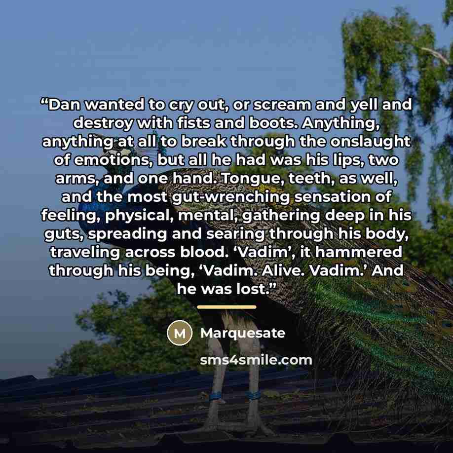 “Dan wanted to cry out, or scream and yell and destroy with fists and boots. Anything, anything at all to break through the onslaught of emotions, but all he had was his lips, two arms, and one hand. Tongue, teeth, as well, and the most gut-wrenching sensation of feeling, physical, mental…” quote by Marquesate