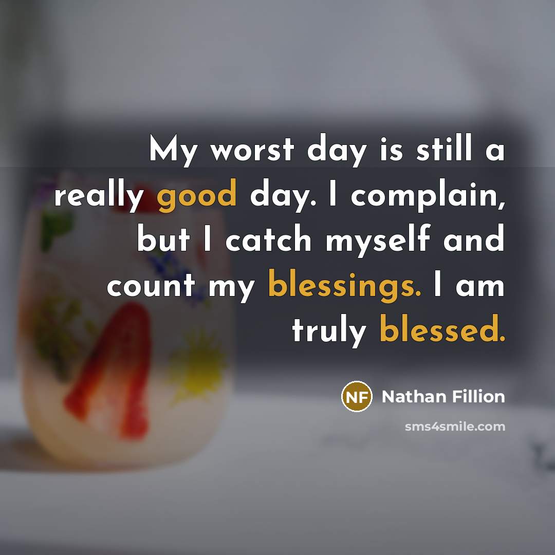 “My worst day is still a really good day. I complain, but I catch myself and count my blessings. I am truly blessed.” quote by Nathan Fillion