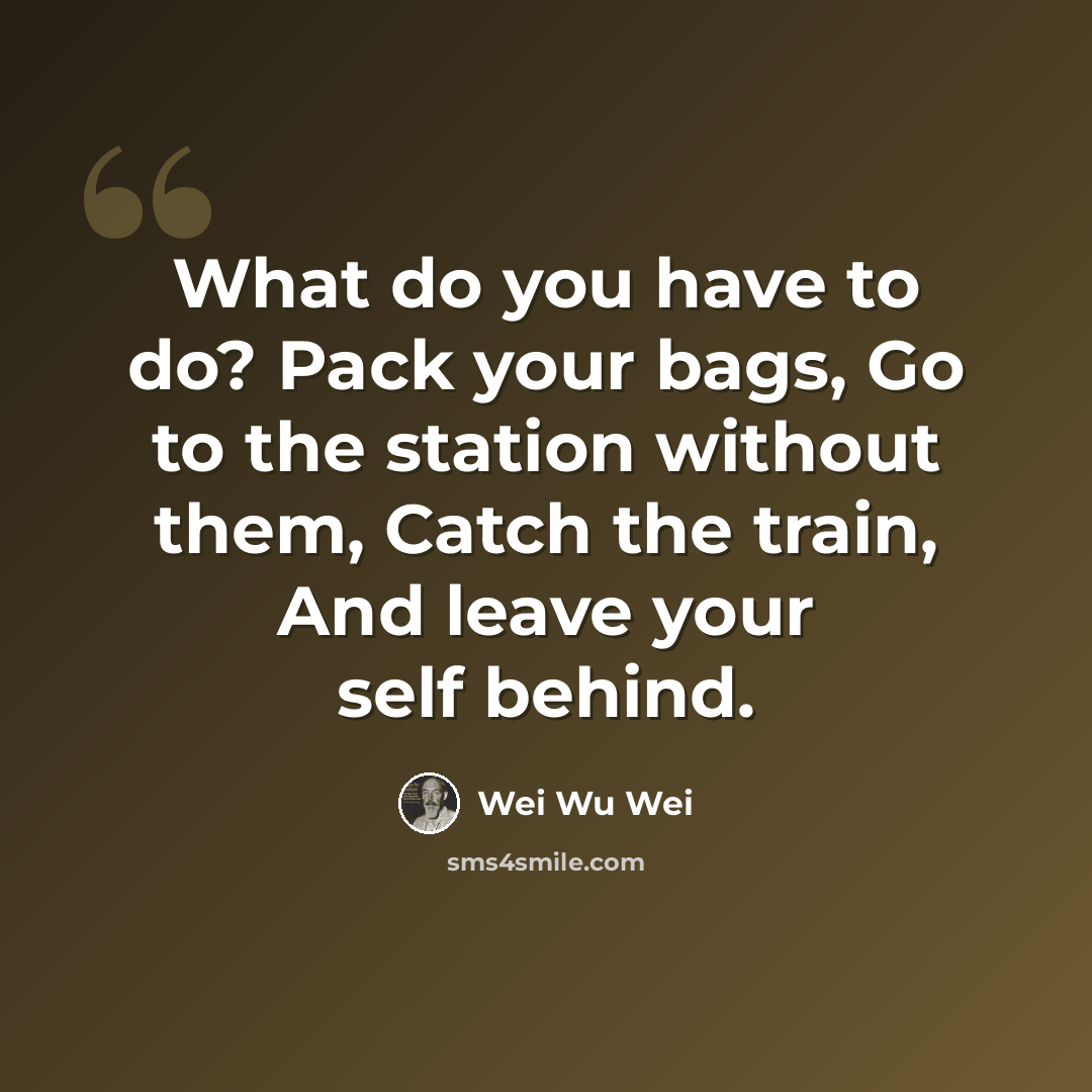 “What do you have to do? Pack your bags, Go to the station without them, Catch the train, And leave your self behind.” quote by Wei Wu Wei