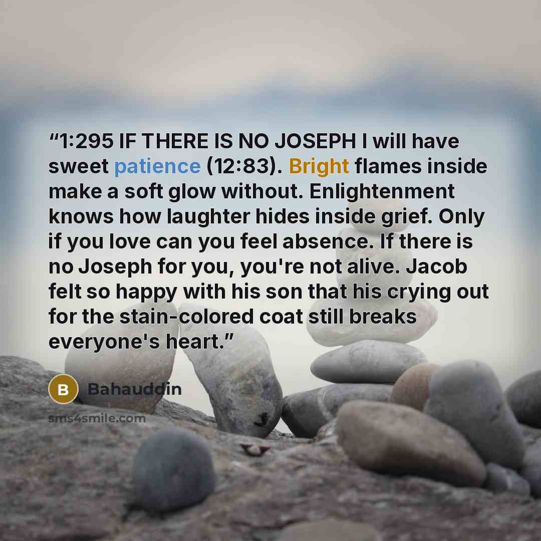 “1:295 IF THERE IS NO JOSEPH I will have sweet patience (12:83). Bright flames inside make a soft glow without. Enlightenment knows how laughter hides inside grief. Only if you love can you feel absence. If there is no Joseph for you, you're not alive. Jacob felt so happy with his son that his…” quote by Bahauddin