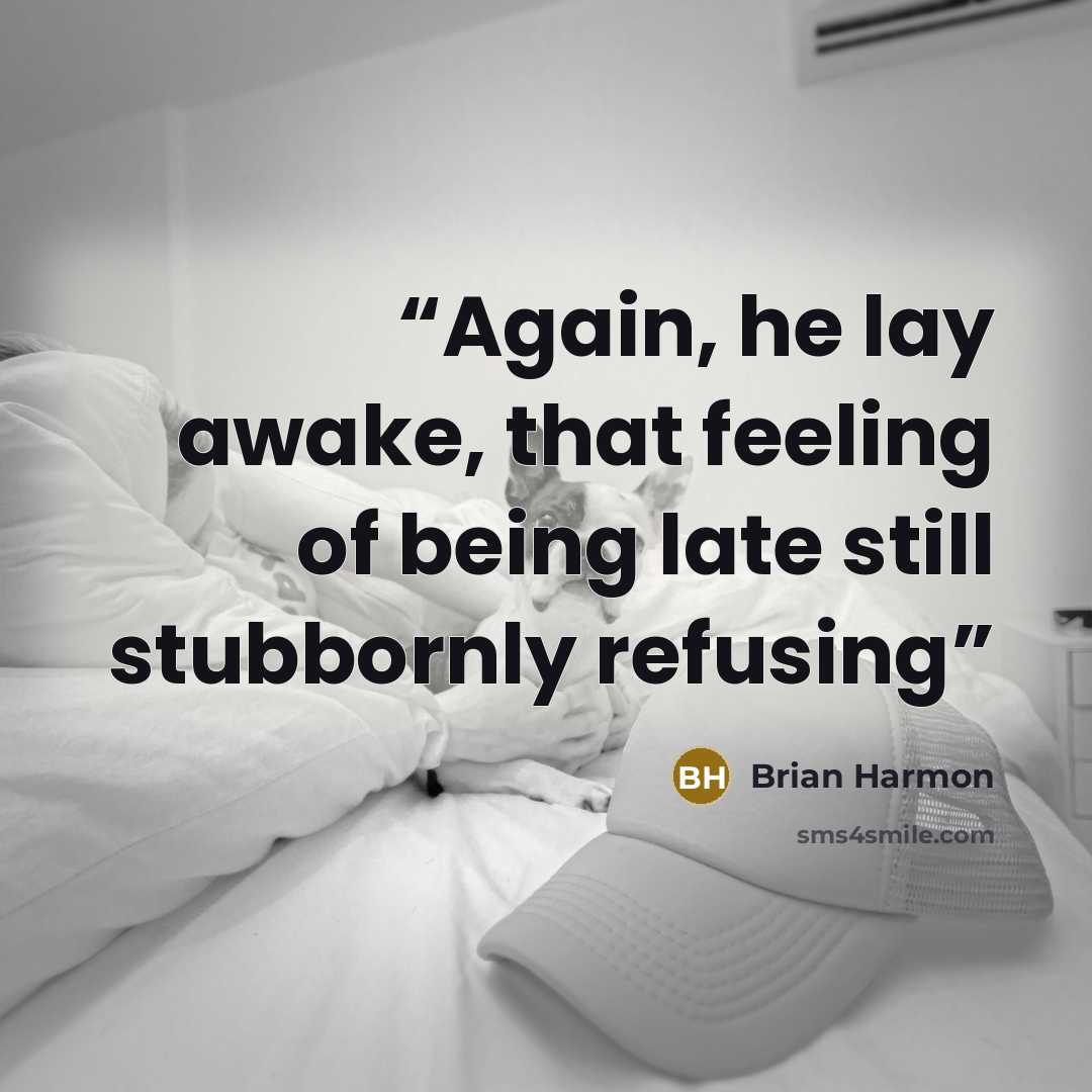 “Again, he lay awake, that feeling of being late still stubbornly refusing” quote by Brian Harmon
