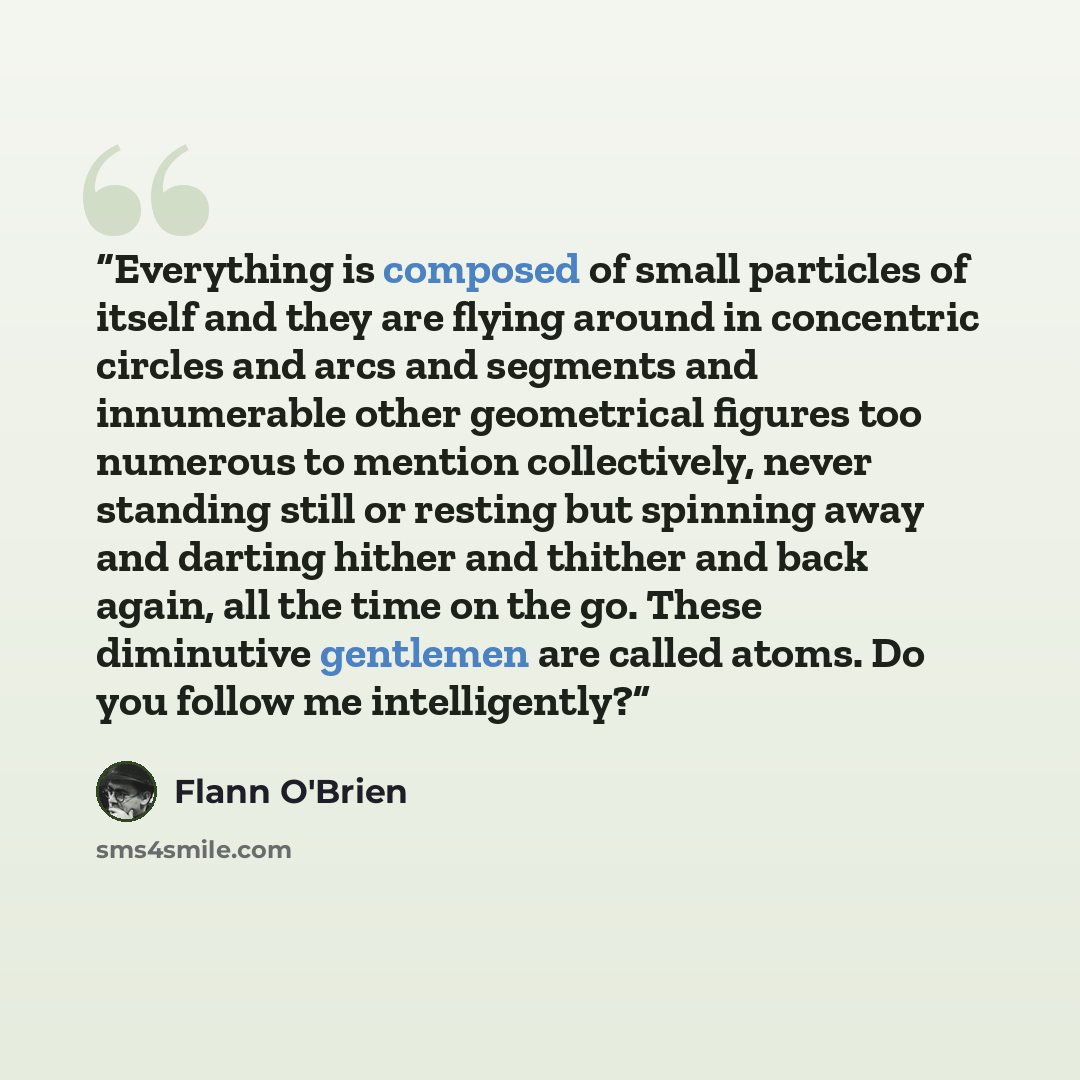 “Everything is composed of small particles of itself and they are flying around in concentric circles and arcs and segments and innumerable other geometrical figures too numerous to mention collectively, never standing still or resting but spinning away and darting hither and thither and back…” quote by Flann O'Brien