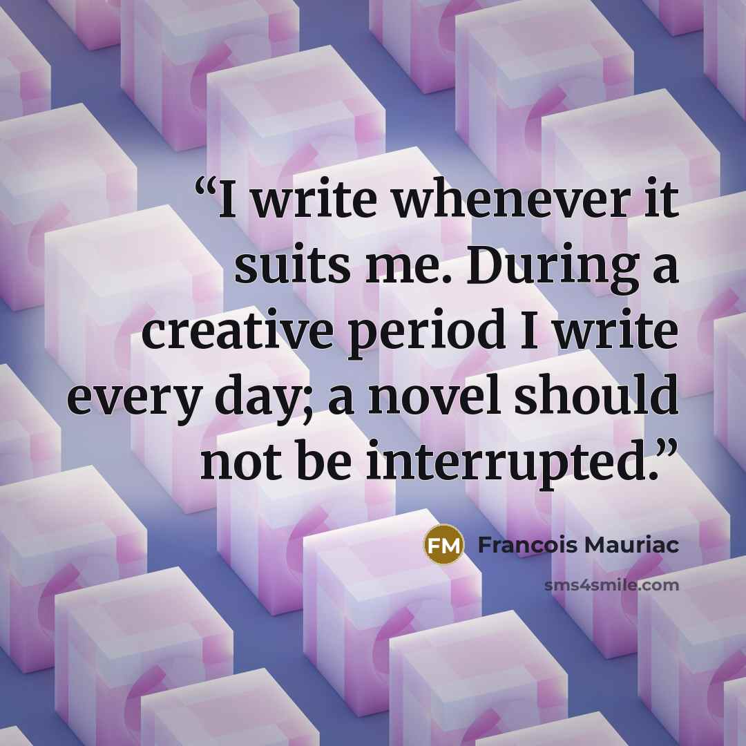 “I write whenever it suits me. During a creative period I write every day; a novel should not be interrupted.” quote by Francois Mauriac