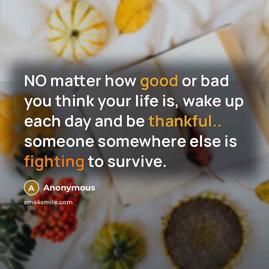 “NO matter how good or bad you think your life is, wake up each day and be thankful.. someone somewhere else is fighting to survive.” quote by Anonymous