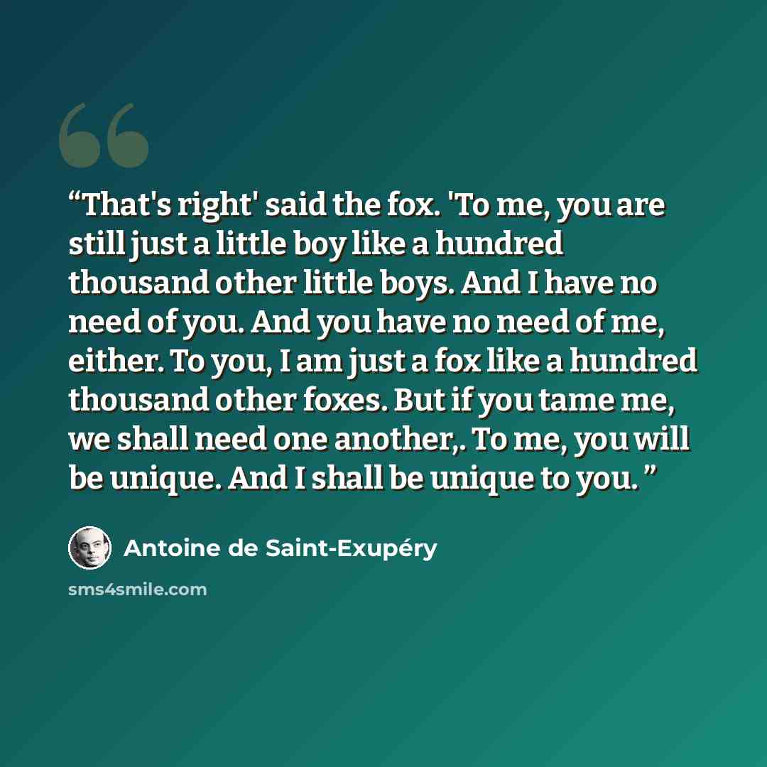 “That's right' said the fox. 'To me, you are still just a little boy like a hundred thousand other little boys. And I have no need of you. And you have no need of me, either. To you, I am just a fox like a hundred thousand other foxes. But if you tame me, we shall need one another,. To me, you will…” quote by Antoine de Saint-Exupéry