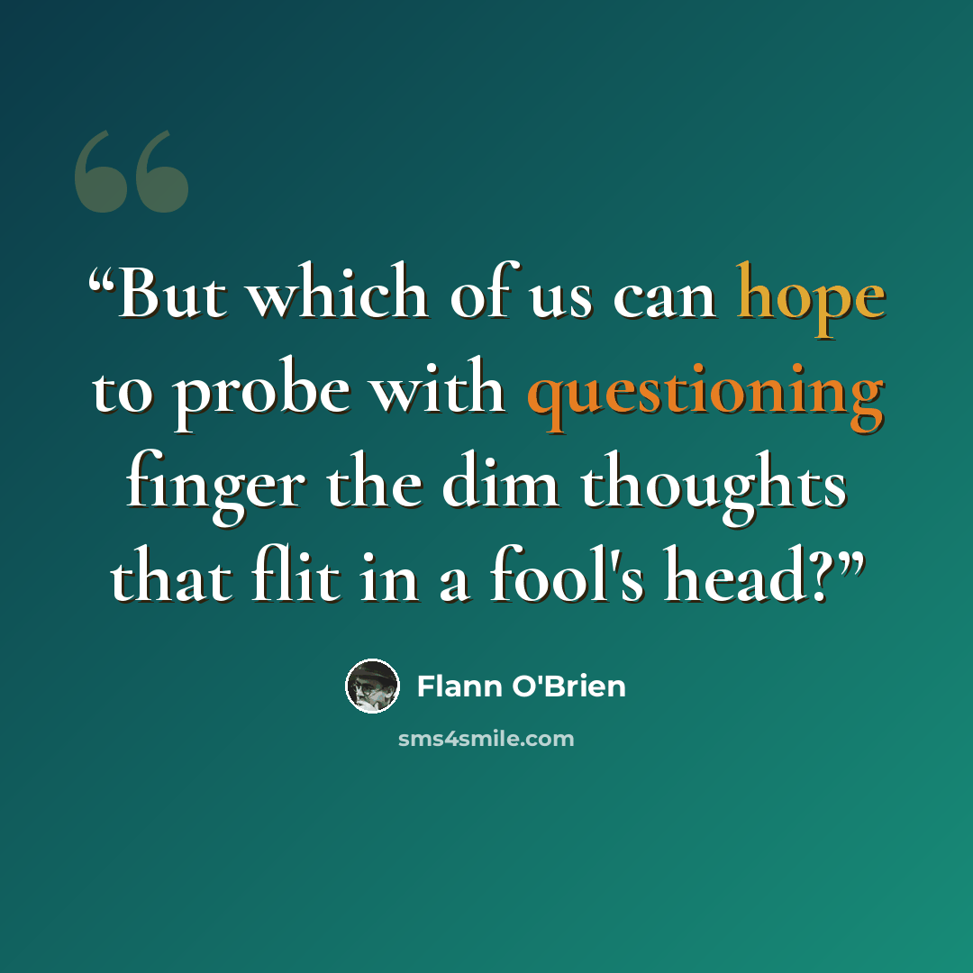 “But which of us can hope to probe with questioning finger the dim thoughts that flit in a fool's head?” quote by Flann O'Brien