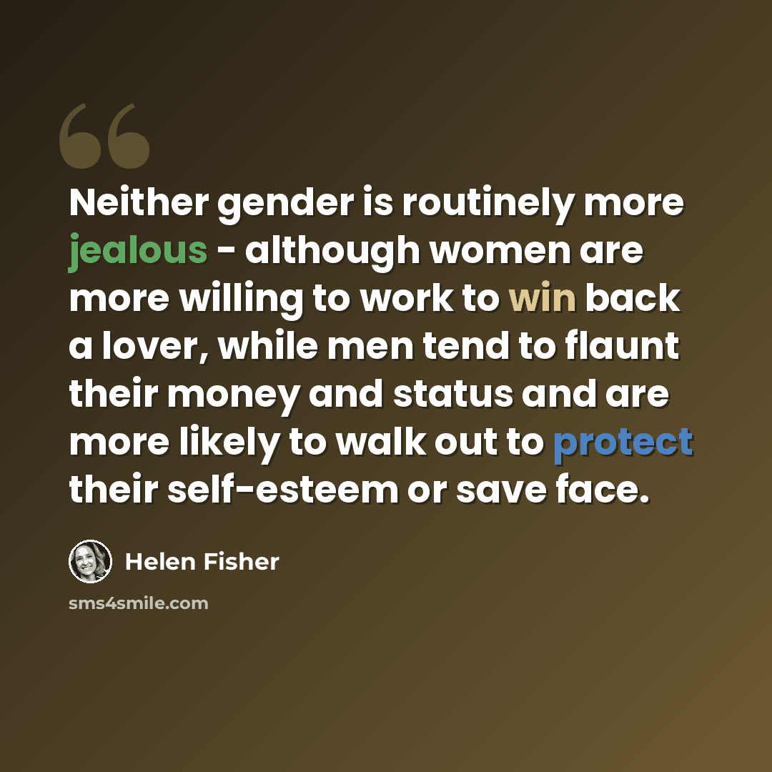 “Neither gender is routinely more jealous - although women are more willing to work to win back a lover, while men tend to flaunt their money and status and are more likely to walk out to protect their self-esteem or save face.” quote by Helen Fisher