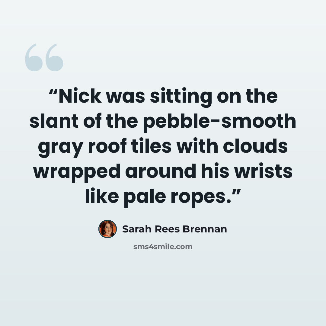 “Nick was sitting on the slant of the pebble-smooth gray roof tiles with clouds wrapped around his wrists like pale ropes.” quote by Sarah Rees Brennan