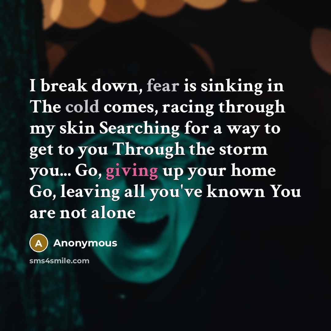 “I break down, fear is sinking in The cold comes, racing through my skin Searching for a way to get to you Through the storm you... Go, giving up your home Go, leaving all you've known You are not alone” quote by Anonymous