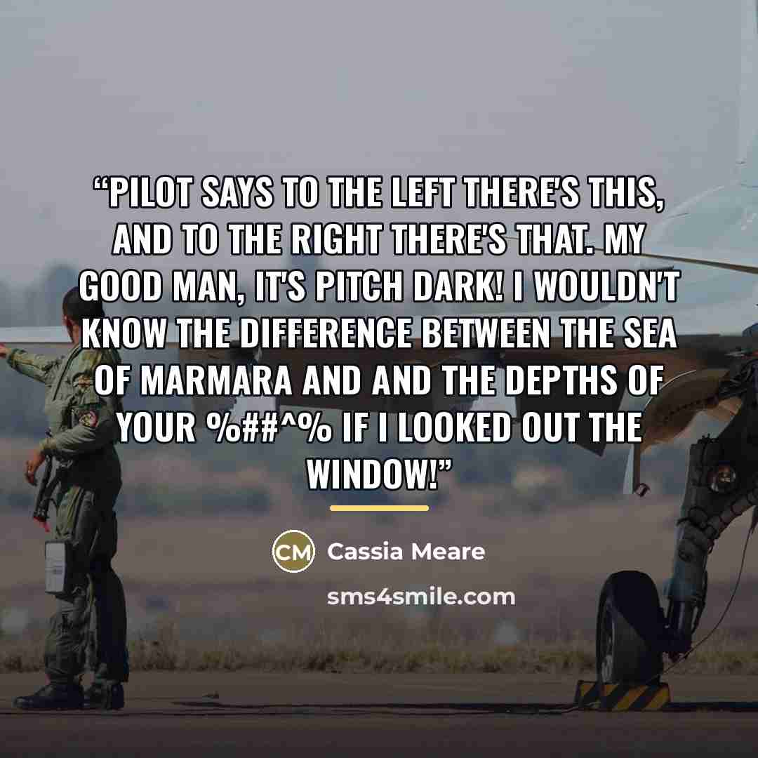 “Pilot says to the left there's this, and to the right there's that. My good man, it's pitch dark! I wouldn't know the difference between the Sea of Marmara and and the depths of your %##^% if I looked out the window!” quote by Cassia Meare
